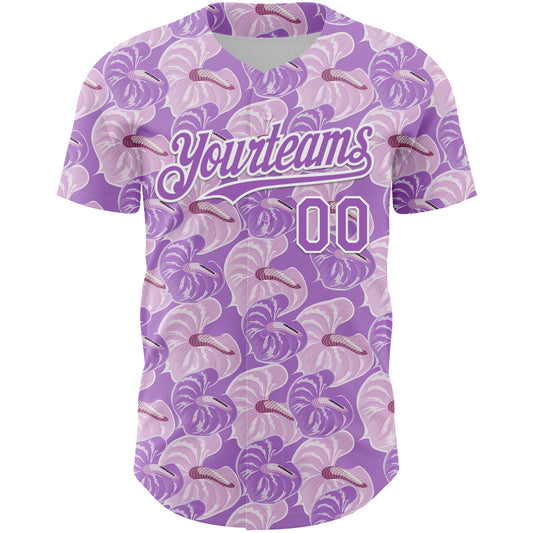 Custom Light Purple White 3D Pattern Design Tropical Anthurium Flower Authentic Baseball Jersey - Sky-Custom