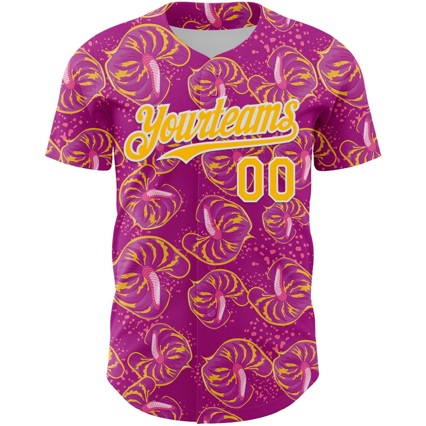 Custom Deep Pink Gold-White 3D Pattern Design Tropical Anthurium Flower Authentic Baseball Jersey - Sky-Custom