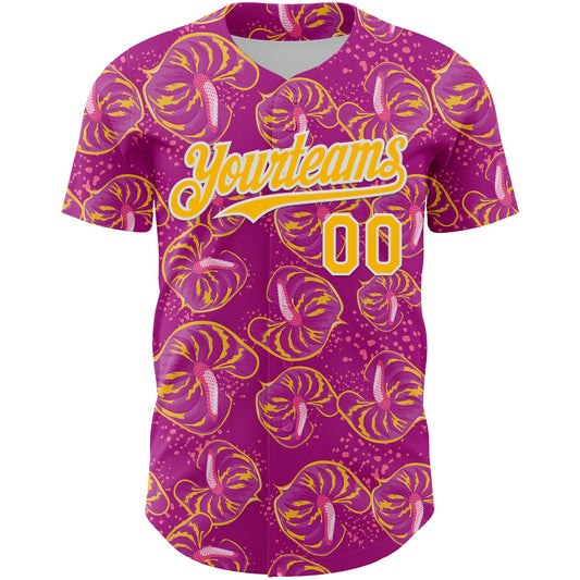 Custom Deep Pink Gold-White 3D Pattern Design Tropical Anthurium Flower Authentic Baseball Jersey - Sky-Custom