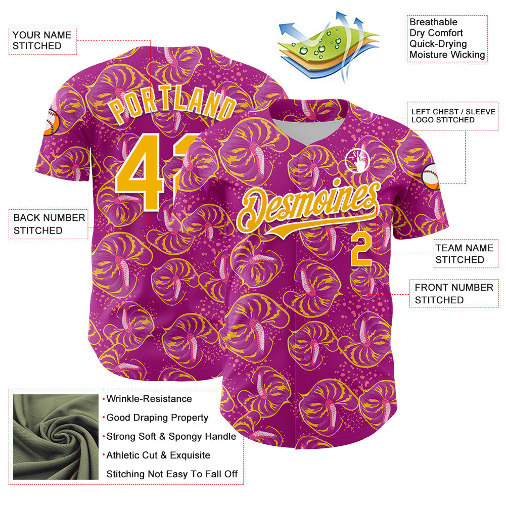 Custom Deep Pink Gold-White 3D Pattern Design Tropical Anthurium Flower Authentic Baseball Jersey - Sky-Custom