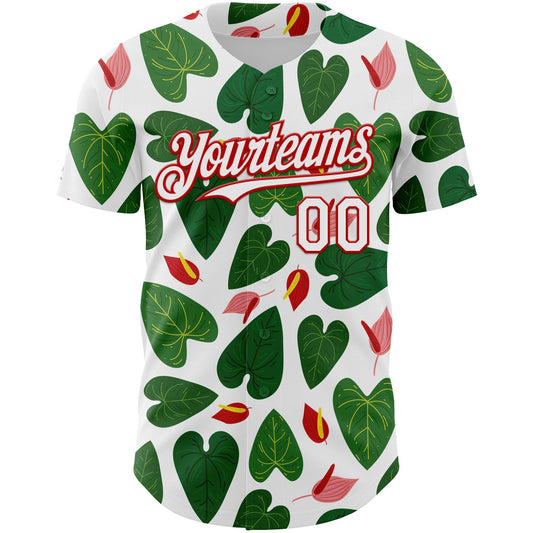 Custom White Red 3D Pattern Design Tropical Anthurium Flower Authentic Baseball Jersey - Sky-Custom