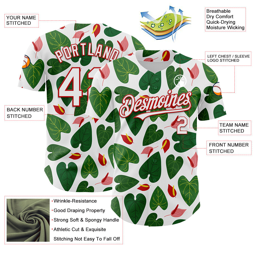Custom White Red 3D Pattern Design Tropical Anthurium Flower Authentic Baseball Jersey - Sky-Custom