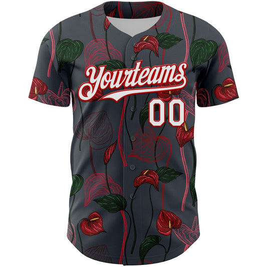 Custom Gray White-Red 3D Pattern Design Tropical Anthurium Flower Authentic Baseball Jersey - Sky-Custom