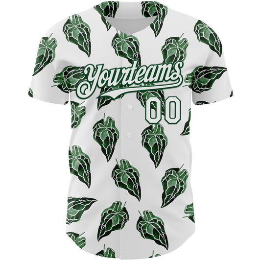 Custom White Kelly Green 3D Pattern Design Tropical Anthurium Crystal Authentic Baseball Jersey - Sky-Custom