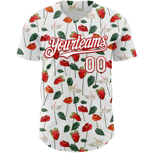 Custom White Red 3D Pattern Design Tropical Anthurium Flower Authentic Baseball Jersey - Sky-Custom