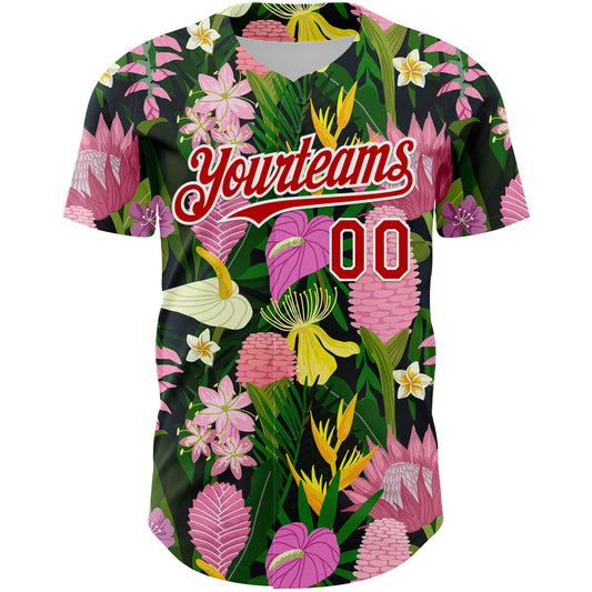 Custom Kelly Green Red-White 3D Pattern Design Tropical Anthurium Flower Authentic Baseball Jersey - Sky-Custom