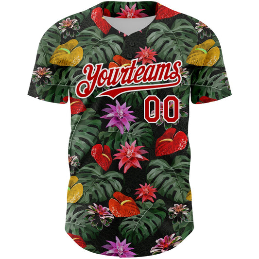 Custom Kelly Green Red-White 3D Pattern Design Tropical Anthurium Flower Authentic Baseball Jersey - Sky-Custom