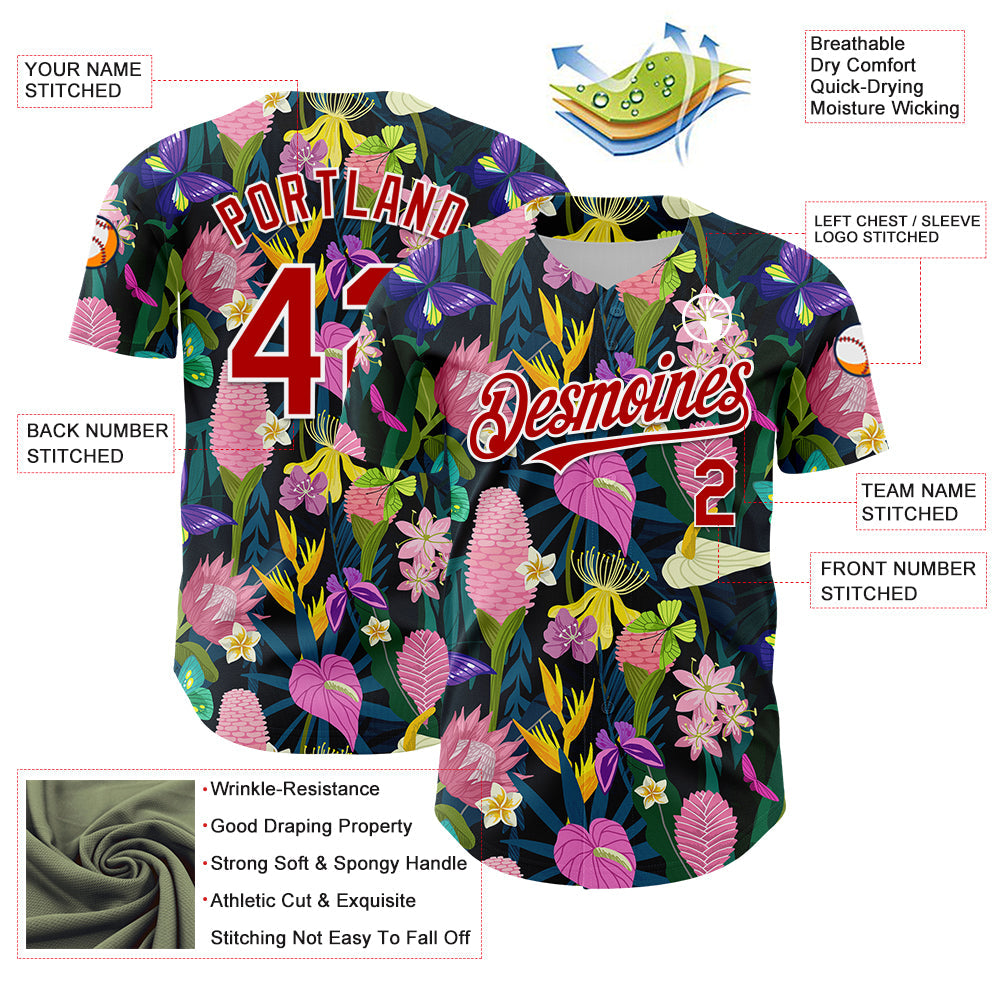 Custom Black Red-White 3D Pattern Design Tropical Anthurium Flower Authentic Baseball Jersey - Sky-Custom