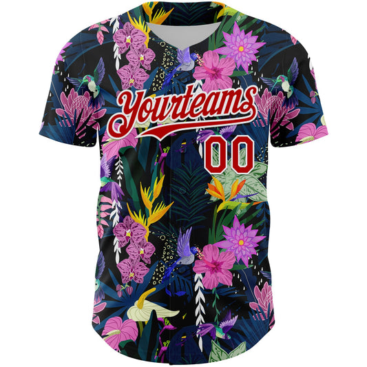 Custom Black Red-White 3D Pattern Design Tropical Anthurium Flower Authentic Baseball Jersey - Sky-Custom
