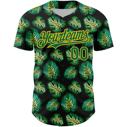 Custom Black Kelly Green-Gold 3D Pattern Design Tropical Monstera Authentic Baseball Jersey - Sky-Custom