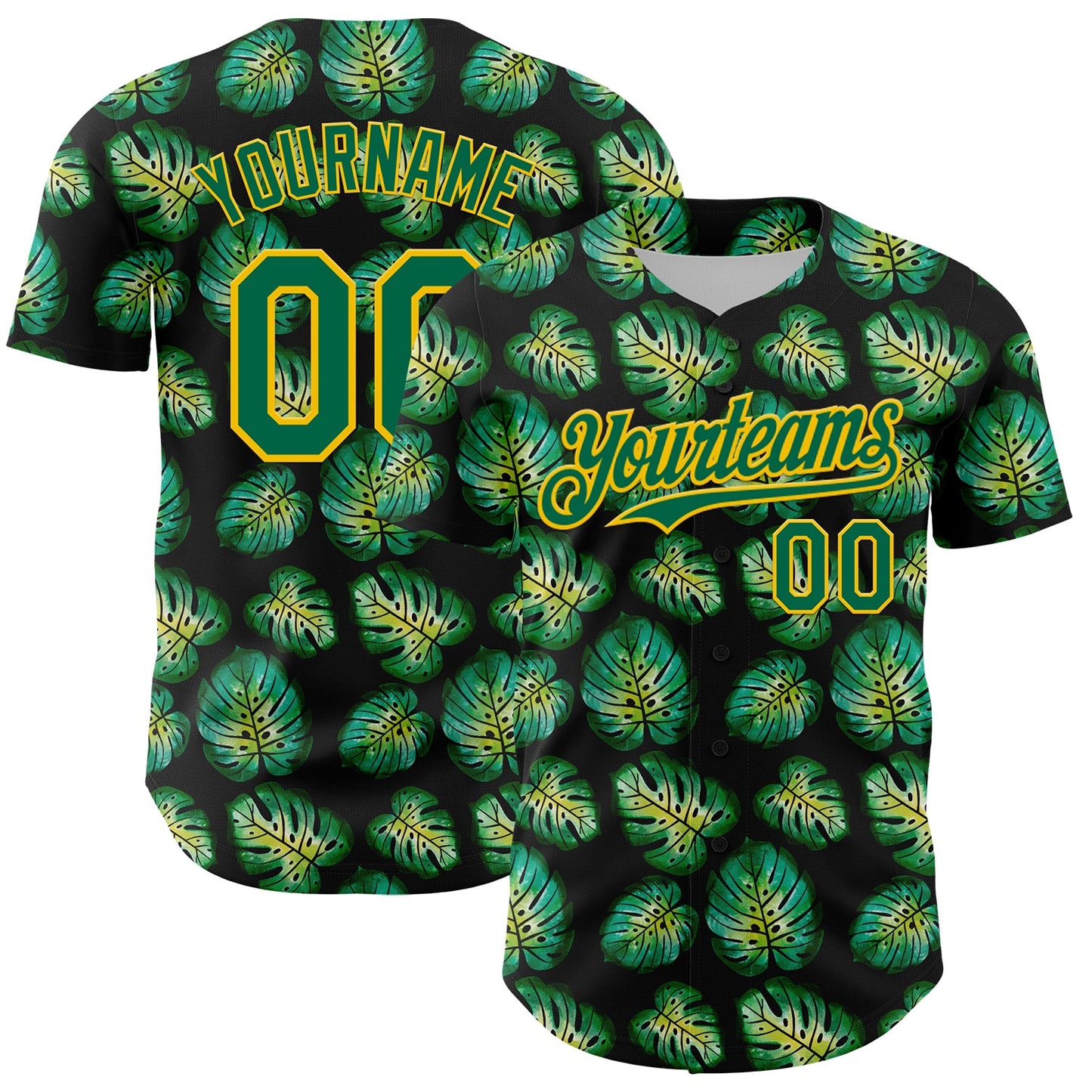 Custom Black Kelly Green-Gold 3D Pattern Design Tropical Monstera Authentic Baseball Jersey - Sky-Custom