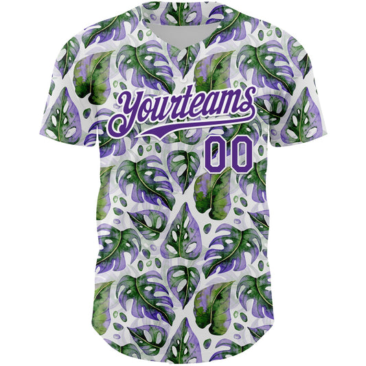 Custom White Purple 3D Pattern Design Tropical Monstera Authentic Baseball Jersey - Sky-Custom