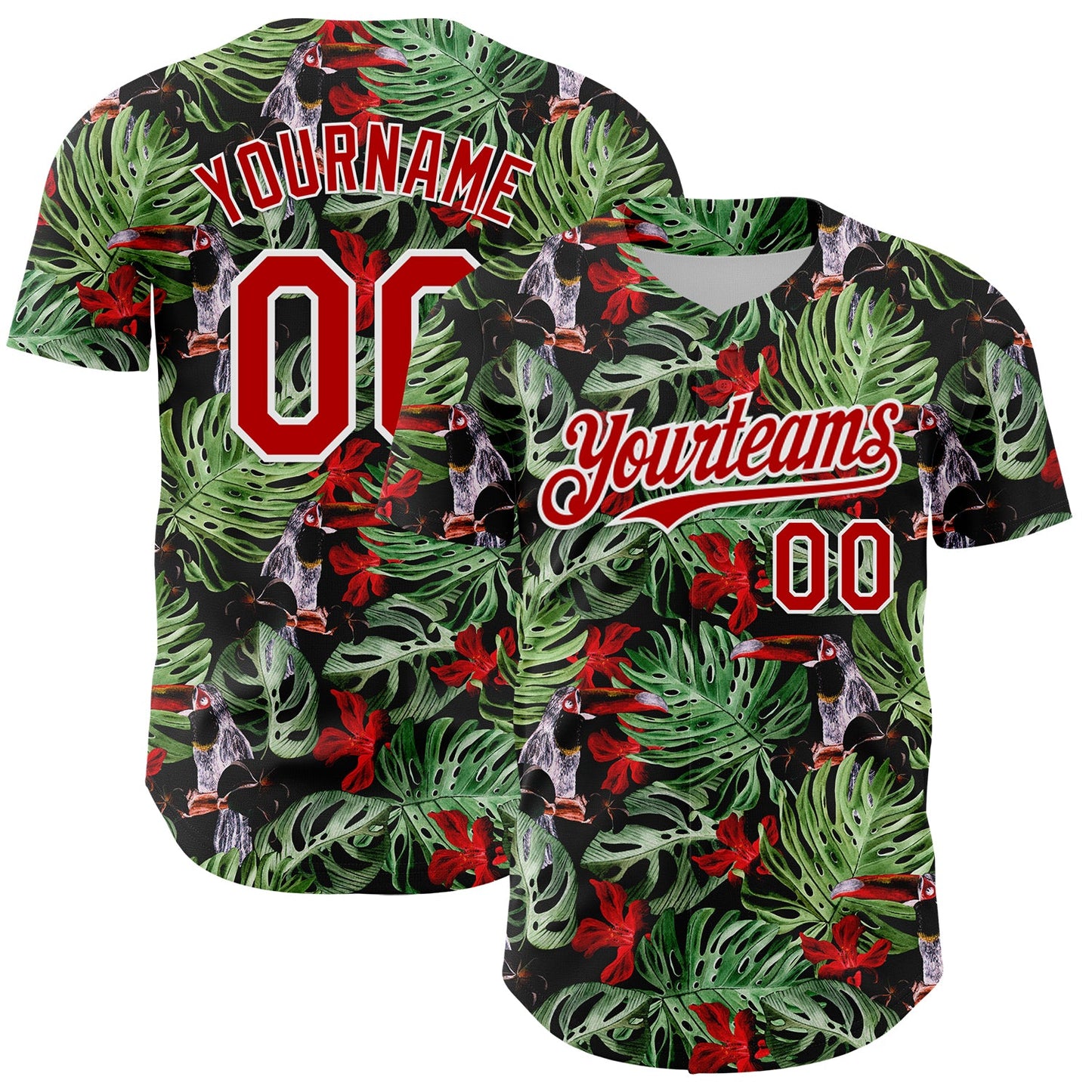 Custom Black Red-White 3D Pattern Design Tropical Plant And Bird Authentic Baseball Jersey - Sky-Custom
