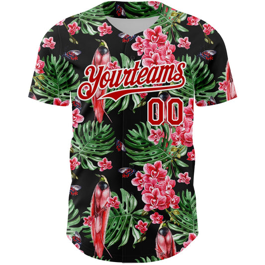 Custom Black Red-White 3D Pattern Design Tropical Plant And Bird Authentic Baseball Jersey - Sky-Custom