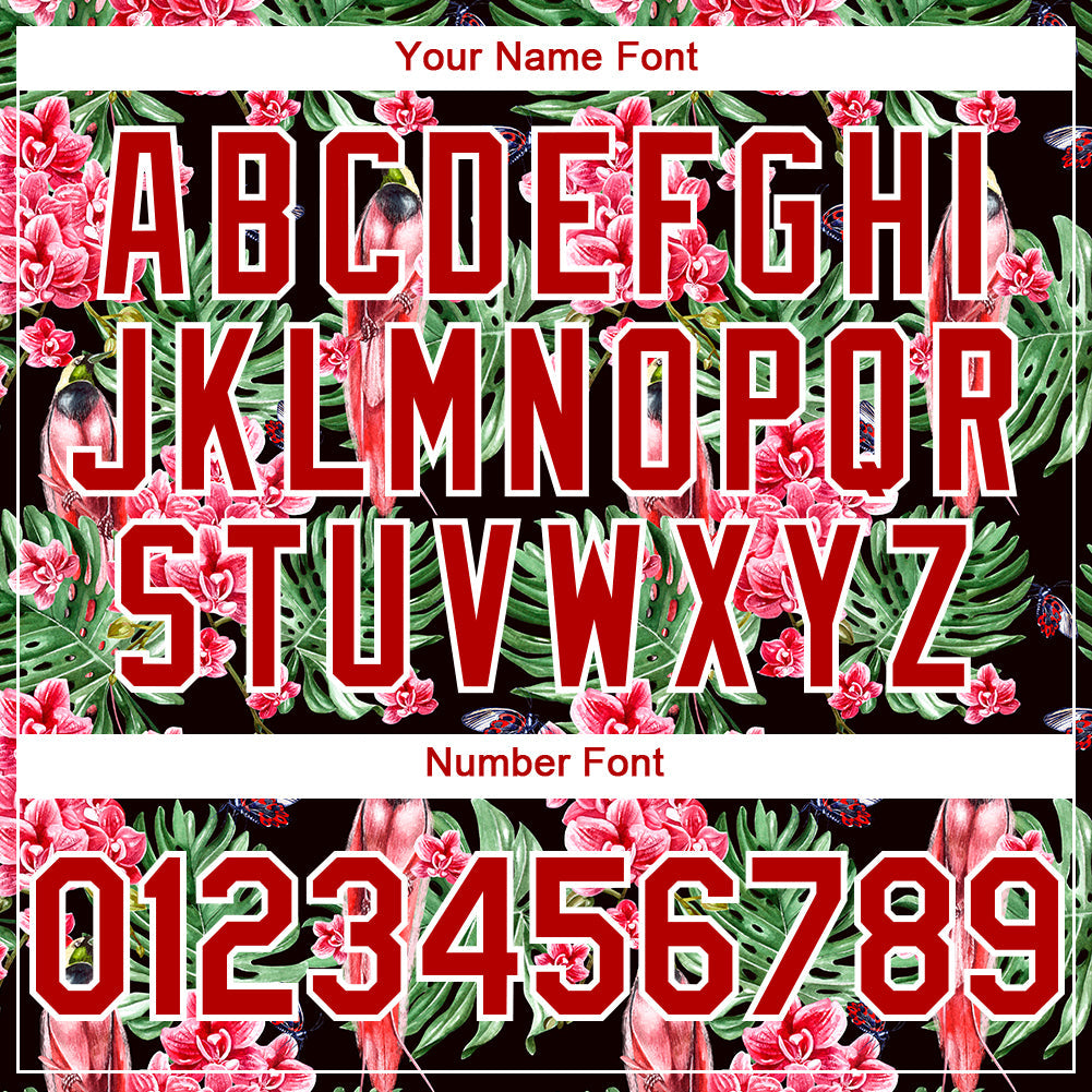 Custom Black Red-White 3D Pattern Design Tropical Plant And Bird Authentic Baseball Jersey - Sky-Custom