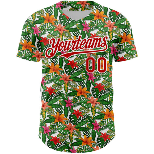 Custom White Red 3D Pattern Design Tropical Flower Authentic Baseball Jersey - Sky-Custom