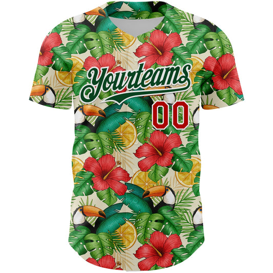 Custom White Red-Green 3D Pattern Design Tropical Plant And Bird Authentic Baseball Jersey - Sky-Custom