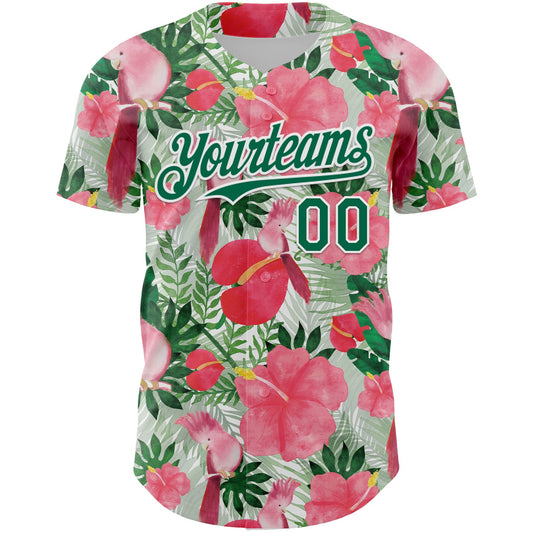 Custom White Kelly Green 3D Pattern Design Tropical Plant And Bird Authentic Baseball Jersey - Sky-Custom