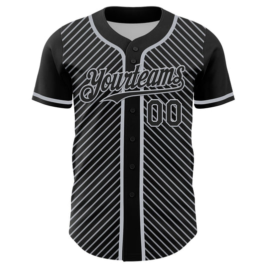 Custom Black Gray 3D Pattern Design Diagonal Stripes Authentic Baseball Jersey - Sky-Custom
