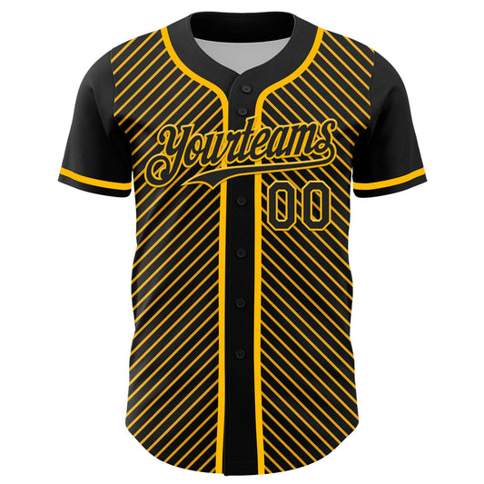 Custom Black Gold 3D Pattern Design Diagonal Stripes Authentic Baseball Jersey - Sky-Custom
