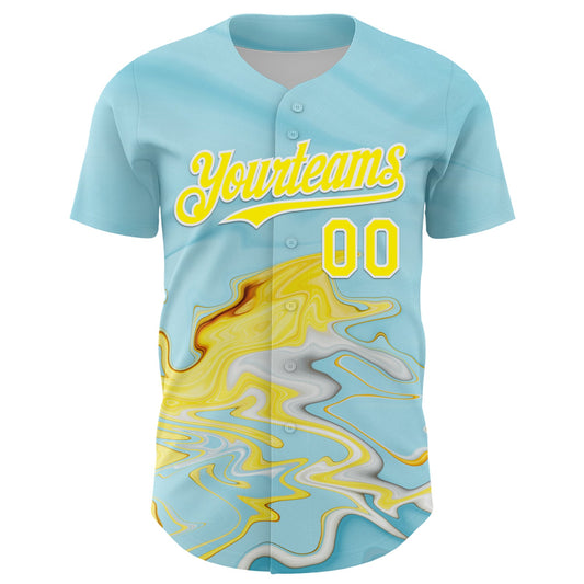 Custom Ice Blue Light Yellow-White 3D Pattern Design Abstract Liquid Fluid Art Authentic Baseball Jersey - Sky-Custom