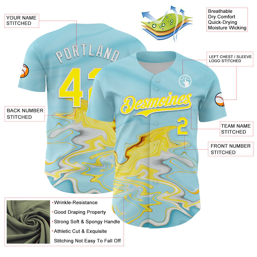 Custom Ice Blue Light Yellow-White 3D Pattern Design Abstract Liquid Fluid Art Authentic Baseball Jersey - Sky-Custom