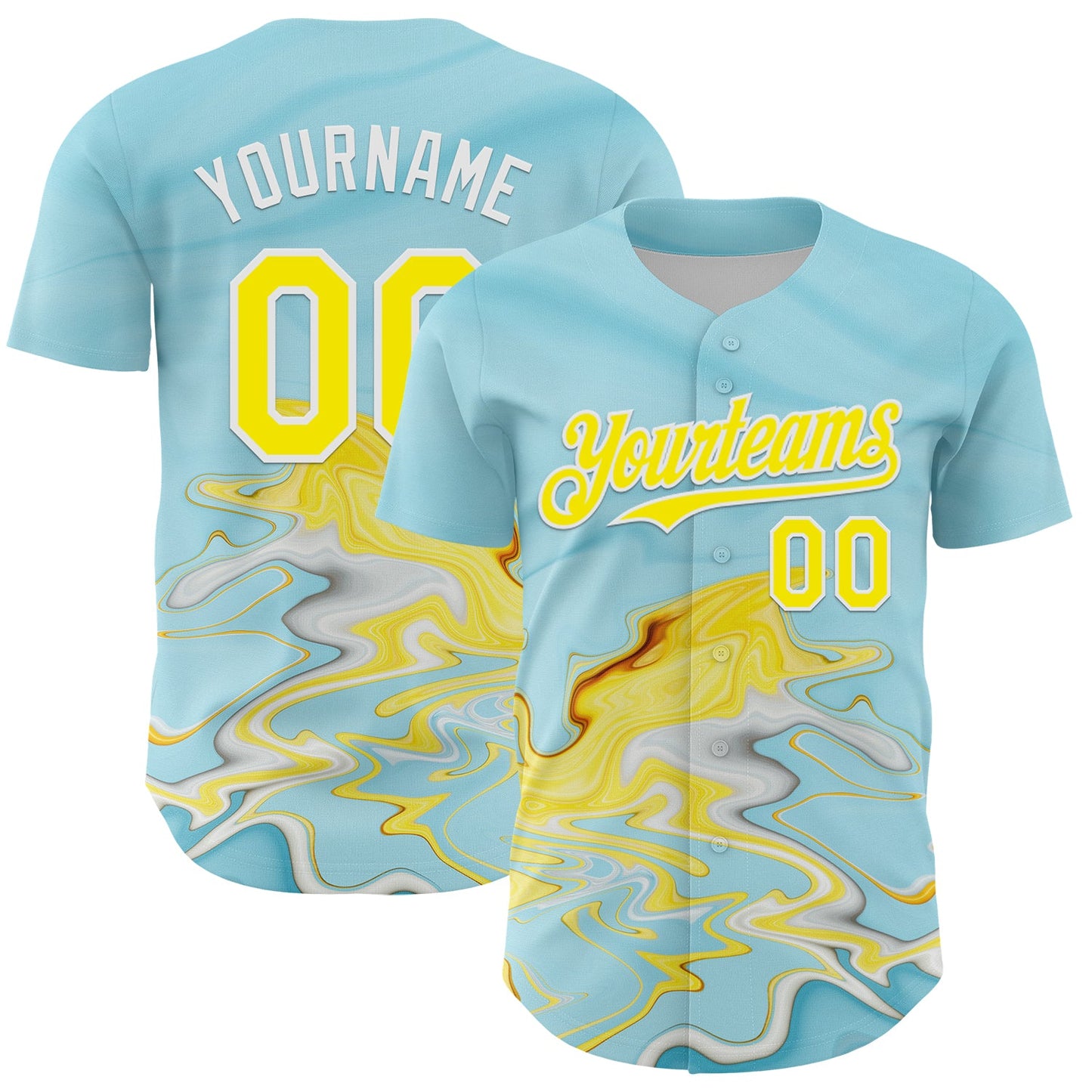 Custom Ice Blue Light Yellow-White 3D Pattern Design Abstract Liquid Fluid Art Authentic Baseball Jersey - Sky-Custom