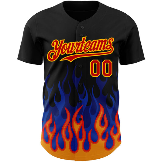 Custom Black Red-Gold 3D Pattern Design Flame Authentic Baseball Jersey - Sky-Custom