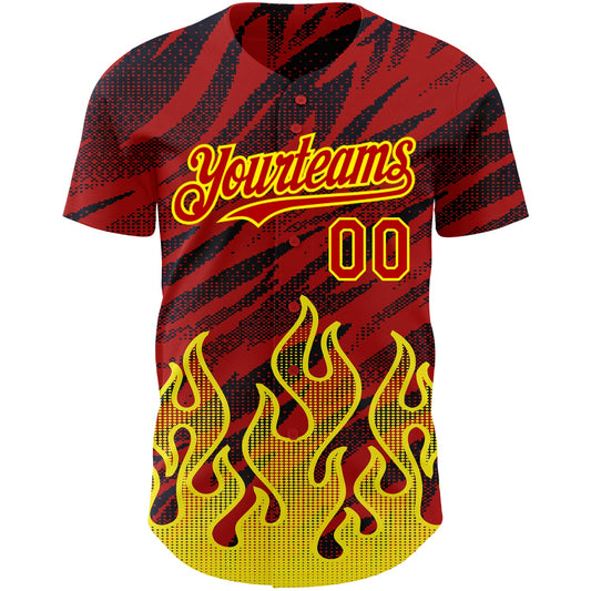 Custom Red Black-Light Yellow 3D Pattern Design Flame Authentic Baseball Jersey - Sky-Custom