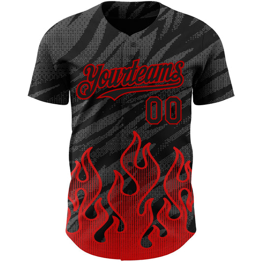 Custom Black Red 3D Pattern Design Flame Authentic Baseball Jersey - Sky-Custom