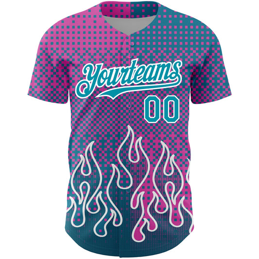Custom Pink Teal-White 3D Pattern Design Flame Authentic Baseball Jersey - Sky-Custom