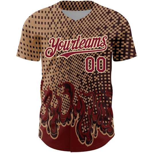 Custom Old Gold Crimson-City Cream 3D Pattern Design Flame Authentic Baseball Jersey - Sky-Custom