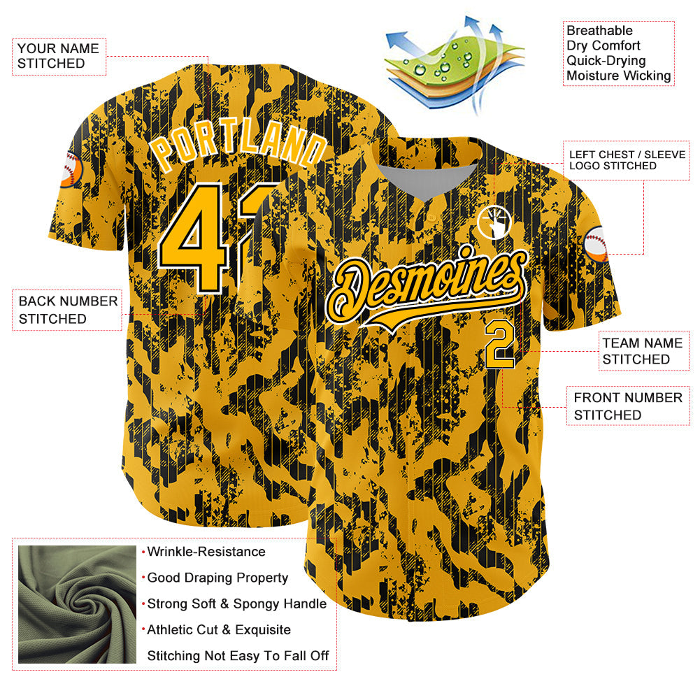 Custom Gold Black-White 3D Pattern Design Abstract Fluid Authentic Baseball Jersey - Sky-Custom