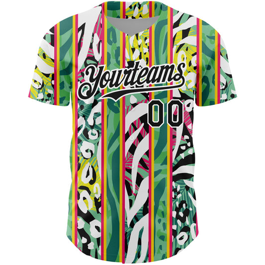 Custom Kelly Green Black-White 3D Pattern Design Animal Fur Print With Leaves Authentic Baseball Jersey - Sky-Custom