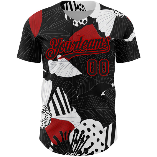 Custom Black Red-White 3D Pattern Design Flower Authentic Baseball Jersey - Sky-Custom