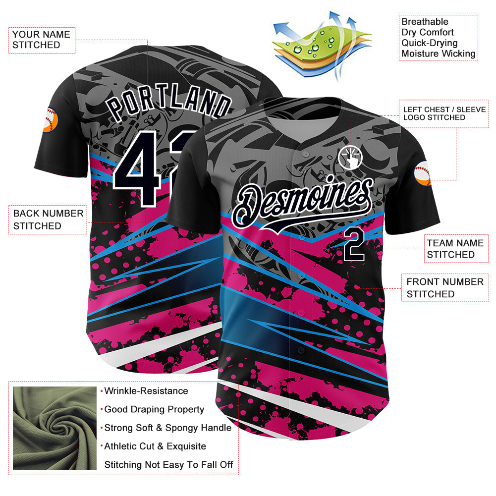 Custom Black Pink-White 3D Pattern Design Splatter Art Authentic Baseball Jersey - Sky-Custom