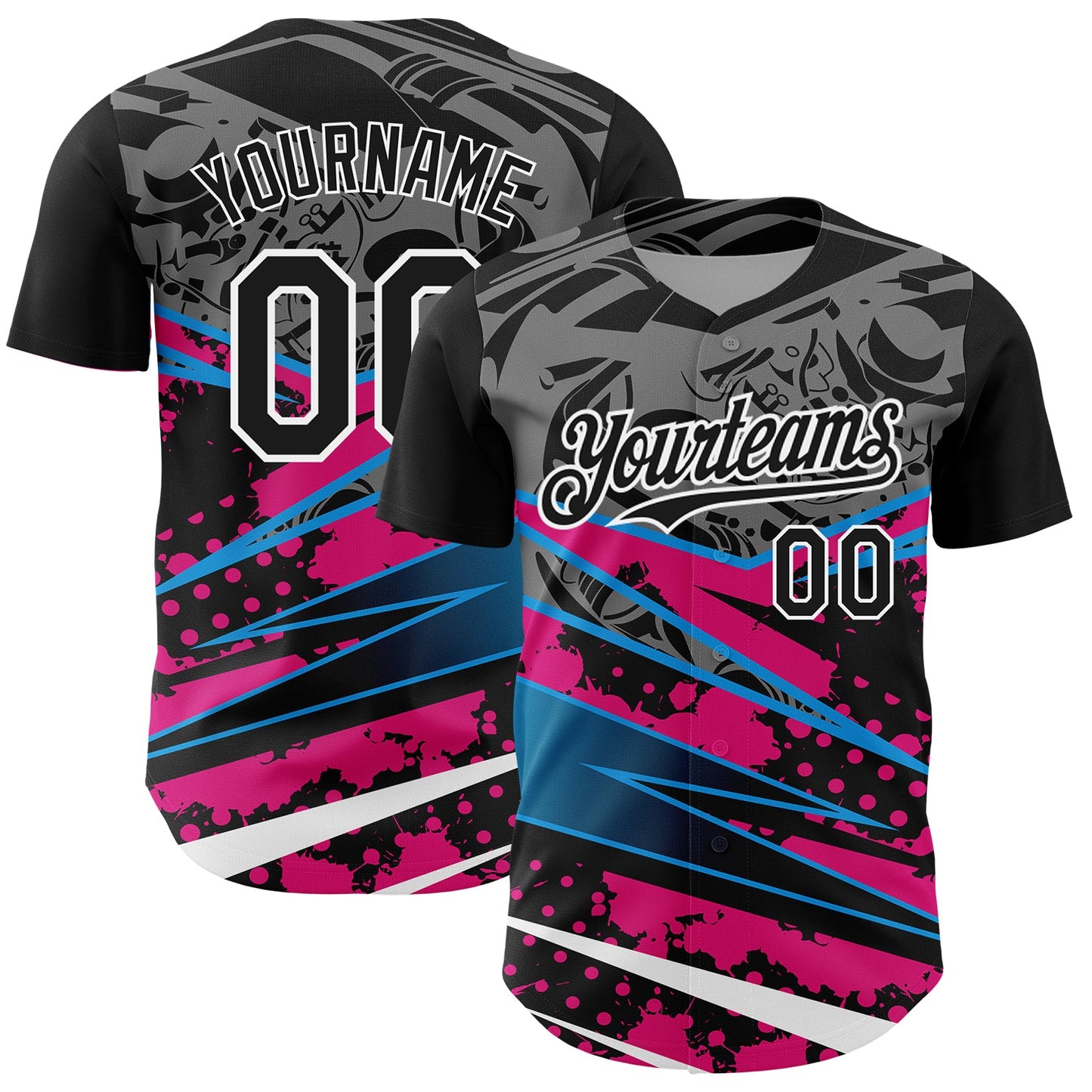 Custom Black Pink-White 3D Pattern Design Splatter Art Authentic Baseball Jersey - Sky-Custom