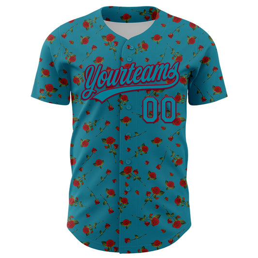 Custom Teal Maroon 3D Pattern Design Gothic Style Rose Authentic Baseball Jersey - Sky-Custom
