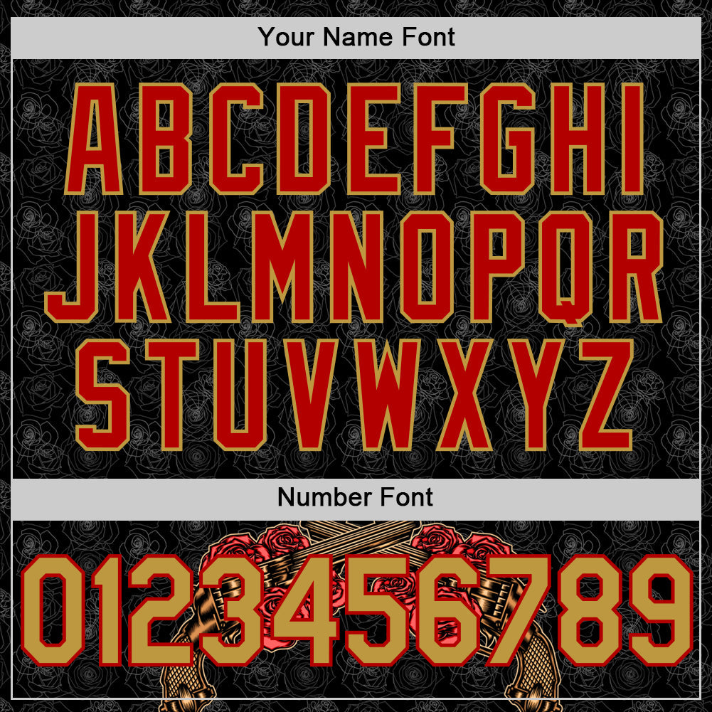 Custom Black Old Gold-Red 3D Pattern Design Gothic Style Gun With Rose Authentic Baseball Jersey - Sky-Custom