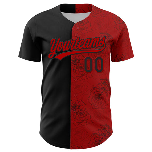 Custom Red Black 3D Pattern Design Gothic Style Rose Authentic Baseball Jersey - Sky-Custom