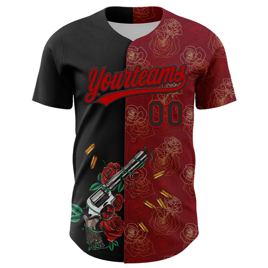 Custom Crimson Black-Red 3D Pattern Design Gothic Style Gun With Rose Authentic Baseball Jersey - Sky-Custom