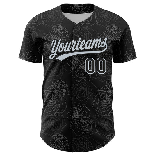 Custom Black Silver 3D Pattern Design Gothic Style Rose Authentic Baseball Jersey - Sky-Custom