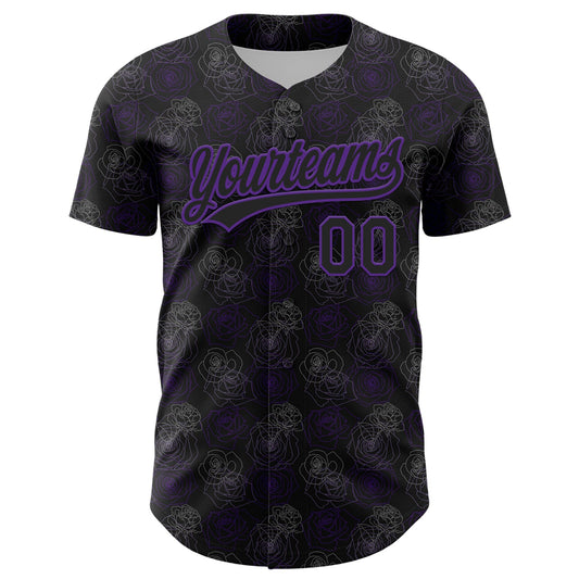Custom Black Purple 3D Pattern Design Gothic Style Rose Authentic Baseball Jersey - Sky-Custom