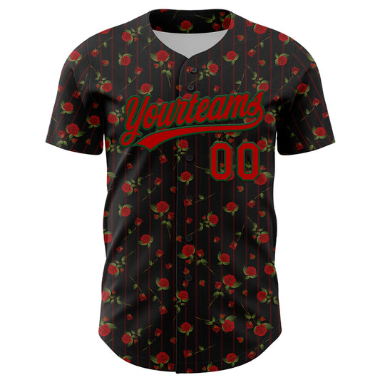 Custom Black Red-Green 3D Pattern Design Gothic Style Rose Authentic Baseball Jersey - Sky-Custom
