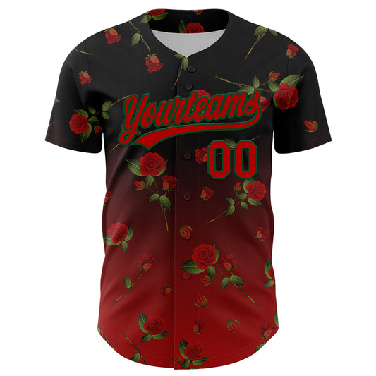 Custom Black Red-Green 3D Pattern Design Gothic Style Rose Authentic Baseball Jersey - Sky-Custom