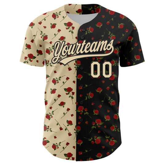 Custom Black Cream 3D Pattern Design Gothic Style Rose Authentic Baseball Jersey - Sky-Custom