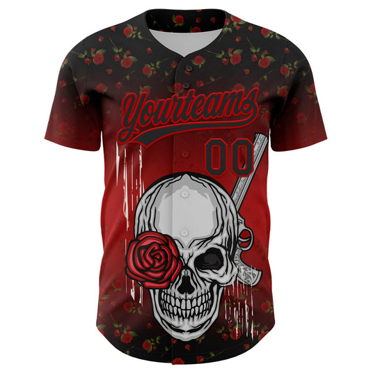 Custom Black Red 3D Pattern Design Gothic Style Skull With Rose And Gun Authentic Baseball Jersey - Sky-Custom