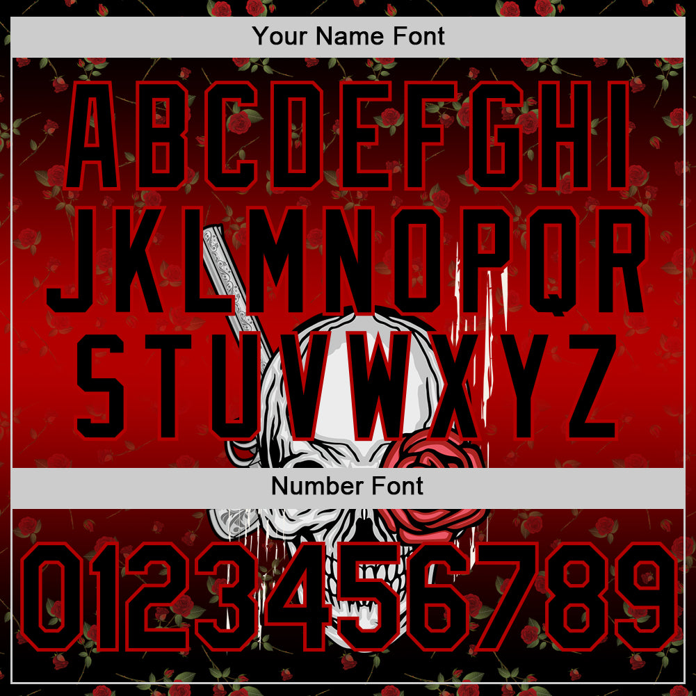 Custom Black Red 3D Pattern Design Gothic Style Skull With Rose And Gun Authentic Baseball Jersey - Sky-Custom