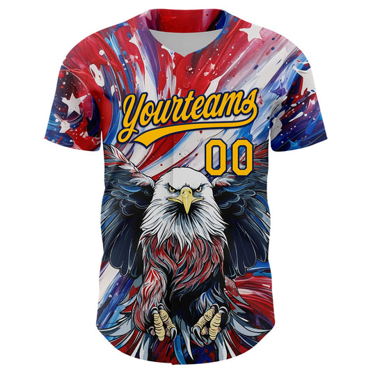 Custom Red Gold-Navy 3D American Flag Eagle And Star Authentic Baseball Jersey - Sky-Custom