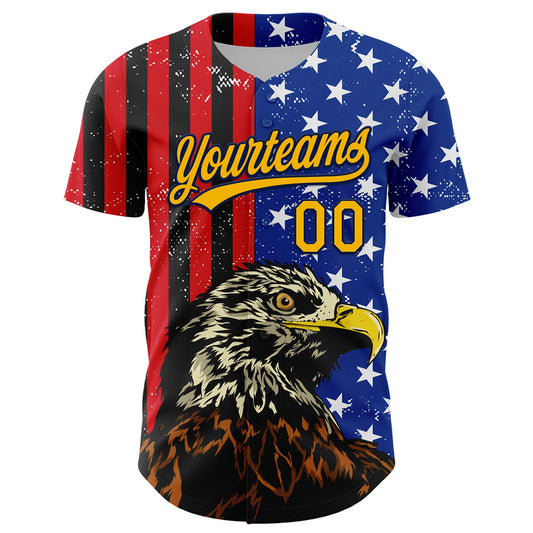 Custom Navy Gold-Red 3D American Flag Eagle And Star Authentic Baseball Jersey - Sky-Custom